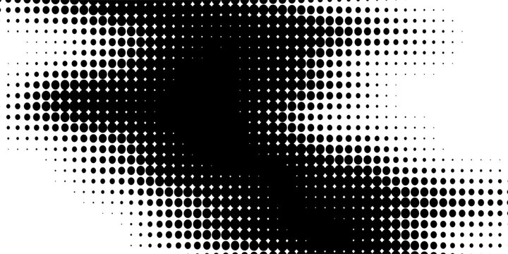 An abstract, irregular black shape composed of halftone dots. The dots are dense in the center and dissipate outwards, creating a gradient, grunge, and dissolving effect.