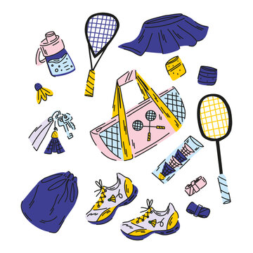 Badminton sports set, sneakers, bag, rackets, water bottle, training items, sports and leisure items