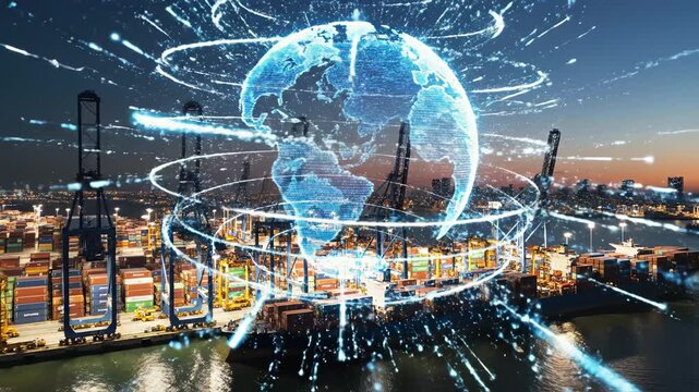 Container ship at night with digital globe representing smart infrastructure and connectivity