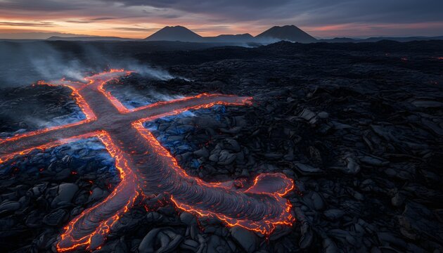 Molten orange lava flows in a dramatic cross shape over dark volcanic rock under a twilight sky with distant mountains