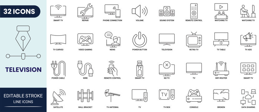 Television icon set in outline style. Collection of tv, television, smart tv, tv antenna, satellite dish, remote control, channel, and media. Editable stroke. Vector icon collection.