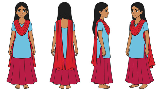 Indian woman character sheet in blue salwar kameez with red dupatta and long black hair art.