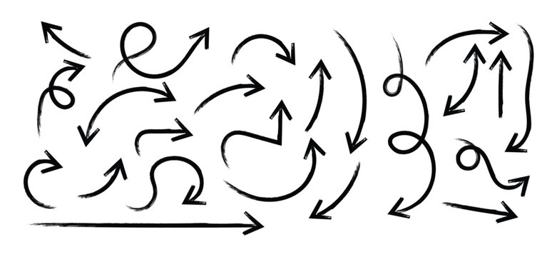 Hand-drawn doodle arrows in various curved, wavy, and looped styles. Sketch chalk pastel color pencil texture line kid fun arrow icon. Hand drawn grunge crayon brush sketch direction charcoal element,