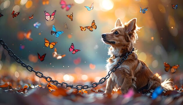 Small dog sits near chain in autumn leaves surrounded by colorful butterflies, bathed in sunlight