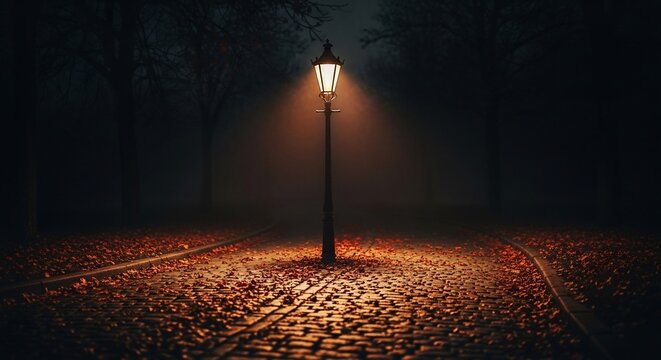 Mysterious Old Street Lamp Illuminating Cobblestone Path at Night.