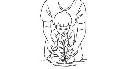 Fototapeta premium A mother and child planting a small seedling together in the soil.
