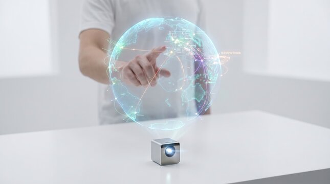 Person touching holographic globe projection from mini projector