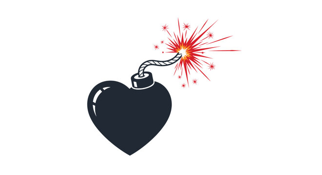 Stylized black heart shaped bomb with burning red fuse symbolizing intense emotions or explosive romantic feelings.