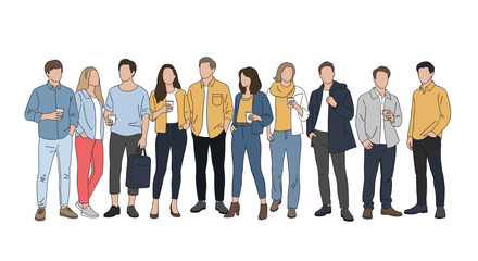 Fototapeta premium Group of ten diverse young men and women stand in a row while holding disposable coffee cups in a casual social setting.