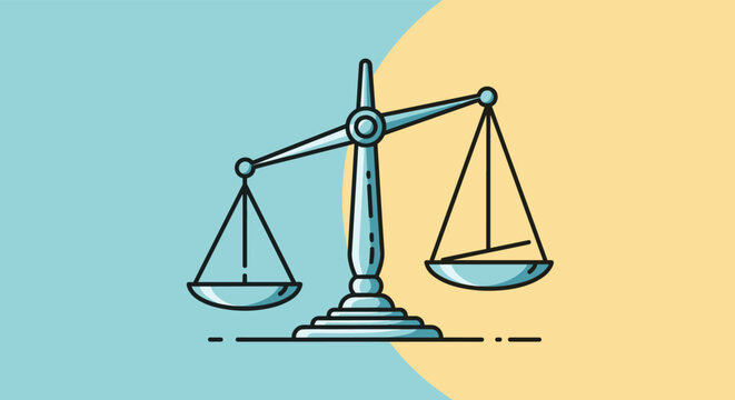 Balanced scales of justice icon sits on a split blue and yellow background representing legal fairness and the weighing of evidence.