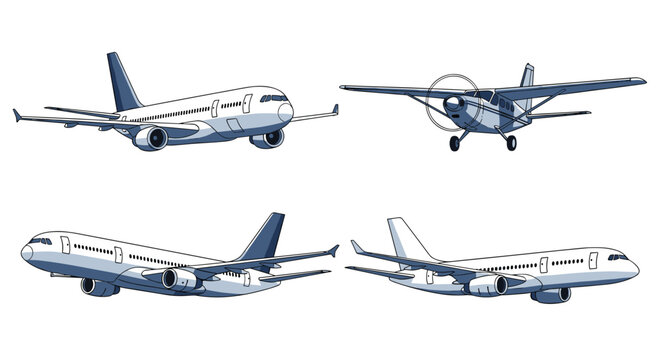 Collection of four detailed airplane illustrations includes a large commercial jet, a small propeller plane, and views from different angles.