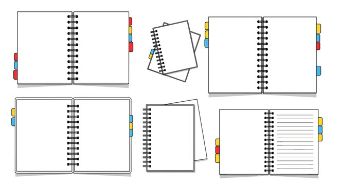 Collection of six various spiral notebooks with colorful index tabs is presented in both open and closed positions on a white background.