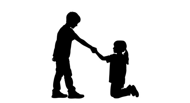 Silhouette of a young boy helping a little girl stand up.