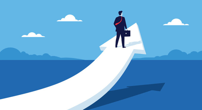 Determined businessman with a briefcase stands on a massive white arrow rising from the ocean toward a clear blue horizon.
