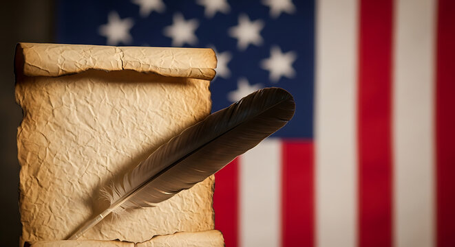 Vintage parchment scroll with a quill pen against a blurred American flag