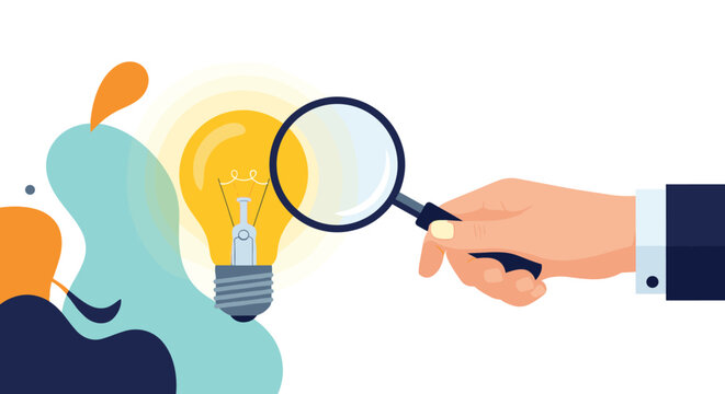 Human hand holding a large magnifying glass to inspect a glowing yellow light bulb against an abstract colorful background.