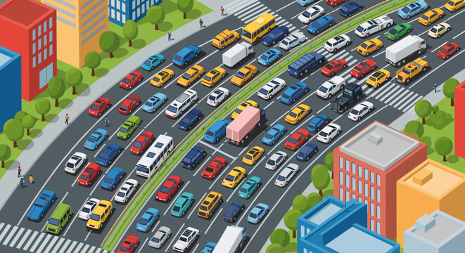 An isometric view of a bustling city highway with multiple lanes of cars, trucks, and buses stuck in heavy traffic between urban buildings.