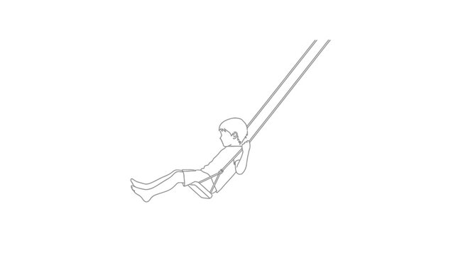 Minimalist continuous line drawing of a child swinging on a swing.