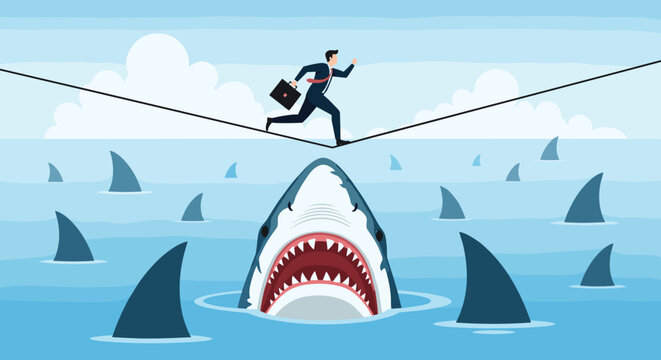 Businessman tightrope walking across a thin rope over a sea full of dangerous sharks with their mouths open in a business risk.