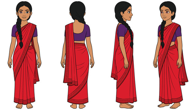 Woman in a traditional red saree with braided hair shown in a character turnaround sheet.