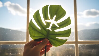 Obraz premium Hand holding a green leaf with an airplane cut out backlit by the sun through a window with a mountain view