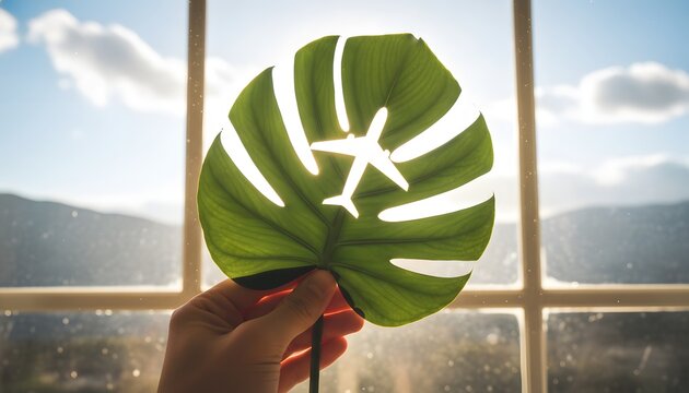 Hand holding a green leaf with an airplane cut out backlit by the sun through a window with a mountain view