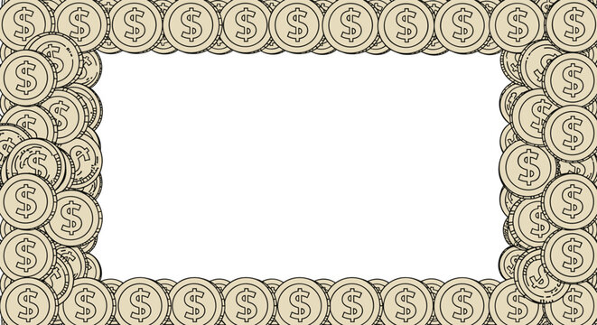 Rectangular frame border made of overlapping gold dollar coins with a blank white space in the middle for your text.