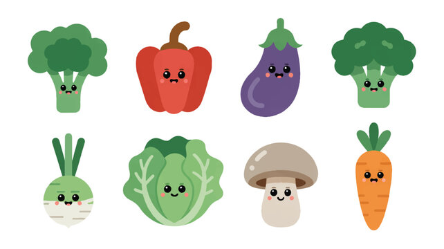 Cute cartoon vegetable characters with smiling faces on white background