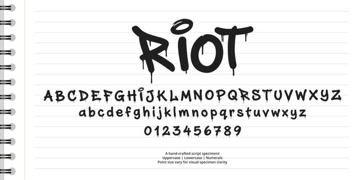 Graffiti style font set with dripping paint letters numbers on lined notebook paper background