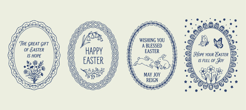 Happy easter greeting labels and frames, spring holiday message with floral border, festive easter stickers line art doodle, hand drawn easter wishes illustration set, minimalist holiday greeting card
