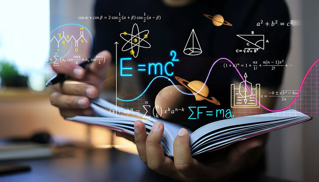 Holographic Science Concepts Emerging from Open Book with Physics Formulas and Space Elements.