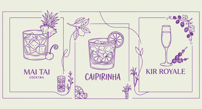 Refreshing caipirinha cocktail with lime garnish, tropical brazilian drink line art illustration, summer alcoholic beverage hand drawn doodle, cold lime cocktail with ice cubes, bar menu and party dri