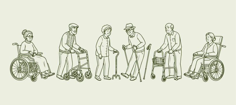 Senior citizens walking with mobility aids, elderly people using walkers and canes, geriatric care and rehabilitation line art, active aging and healthcare for seniors, group of older adults outdoors,