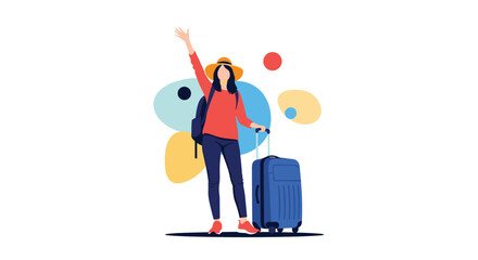 Fototapeta premium Happy female traveler wearing a sun hat with a backpack and suitcase, waving goodbye while embarking on an exciting journey.