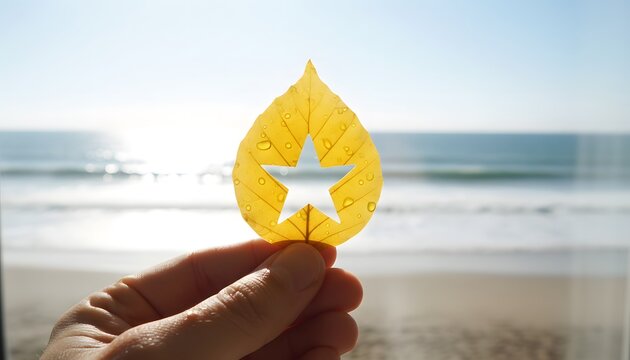 A hand holding a yellow leaf with a star cutout against a bright ocean and beach background