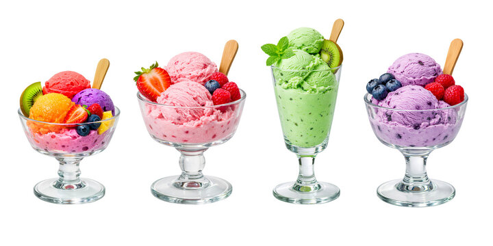 ice cream with fruits on transparent