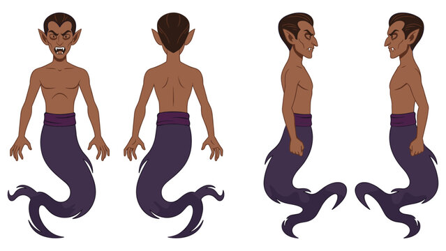 Illustration of mythical vampire creature with purple tail from multiple angles.