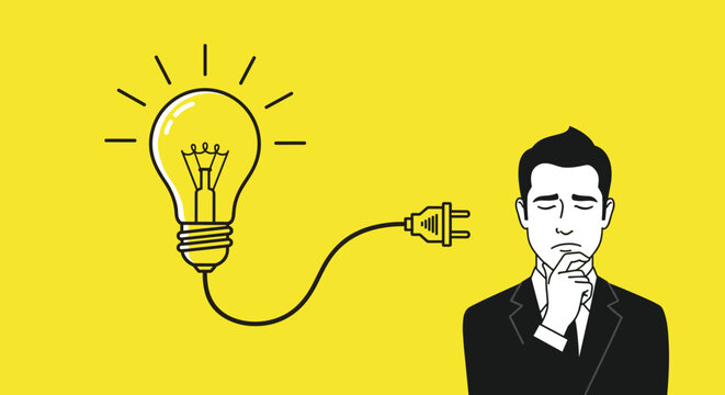 Pensive businessman in a suit with a disconnected lightbulb plug, representing a loss of inspiration or creative thinking.