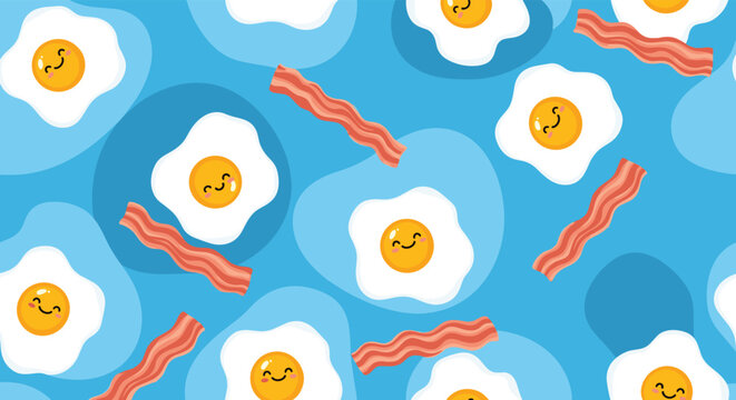 Fun and colorful seamless pattern featuring happy fried eggs with smiling faces and crispy bacon strips on a blue background.