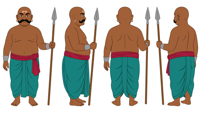 Character design sheet of fat middle aged man with mustache wearing dhoti and accessories.