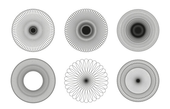 Abstract black line circular patterns arranged in a grid on white background geometric, decorative spirograph-inspired motifs.