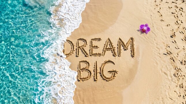 Dream Big Message Written in Sand on a Tropical Beach with Ocean Waves.