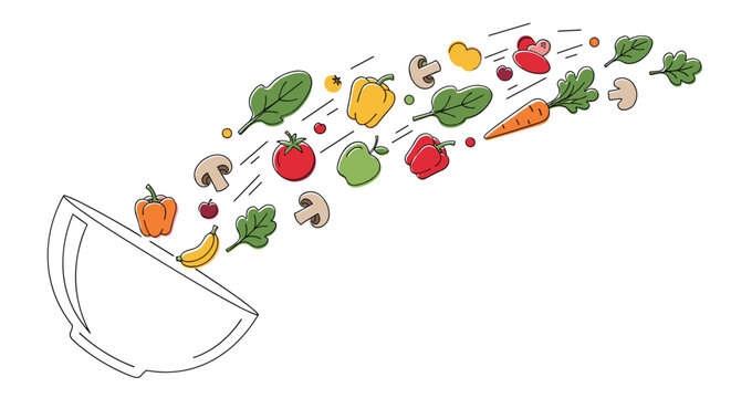 Assorted fresh vegetables including tomatoes, peppers, and greens fly into a white kitchen bowl in a dynamic food illustration.