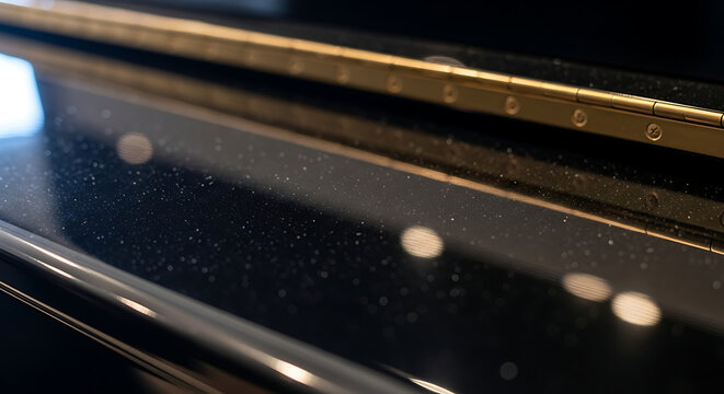 Close-up view of a shiny black piano surface with golden accents and reflections.