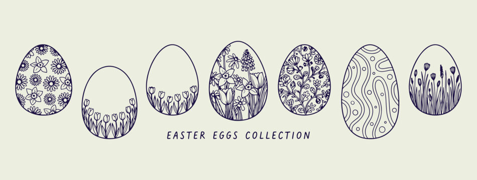 Decorated easter eggs collection set, traditional spring holiday line art, hand drawn festive easter doodle, minimalist easter egg pattern illustration, seasonal holiday decoration design elements, ch