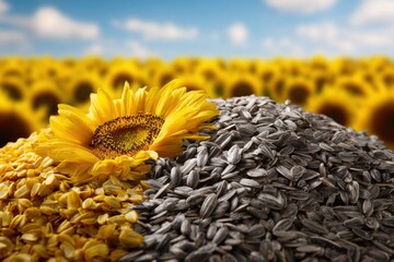 Fototapeta premium Sunflower seeds and corn kernels with sunflower flower on wooden surface, agriculture and harvest concept with field of sunflowers in background under blue sky.