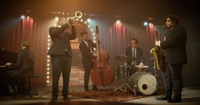 Five Musicians Perform Live Jazz on a Club Stage, Playing Trumpet, Saxophone, Piano, Double Bass, and Drums During a Concert Set With Warm Lights and Red cultures in the Bar.
