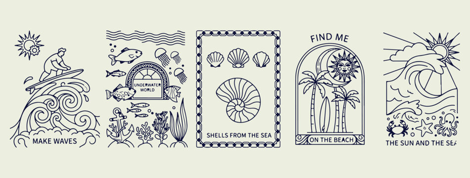 Collection of sea shells ocean, marine life line art illustration, hand drawn nautical shells doodle, minimalist seashell vector design elements, beach vacation nature sketch drawing, aquatic ocean li