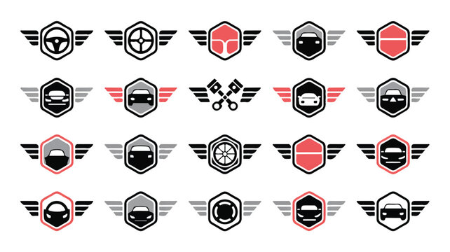 Set of car service logos with wings and hexagons