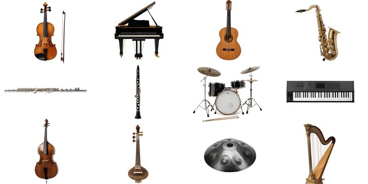Violin Piano Guitar Saxophone Flute Sitar Harp Hang Drum Various Musical Instrument Collection Grid Twelve Isolated On White Background Hobbies Leisure Music Product Photography